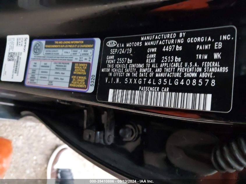 2020 Kia Optima S VIN: 5XXGT4L35LG408578 Lot: 39410886