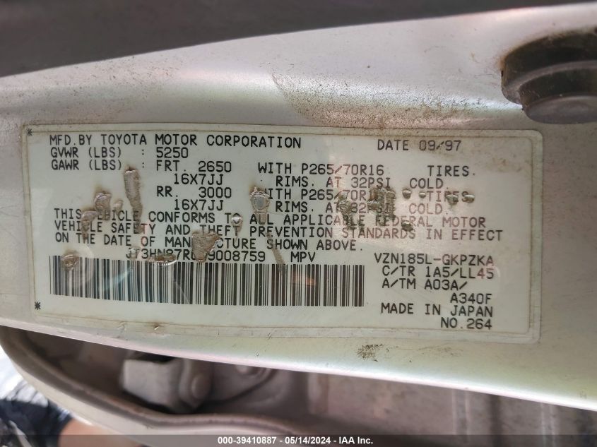 1998 Toyota 4Runner Limited VIN: JT3HN87R0W9008759 Lot: 39410887