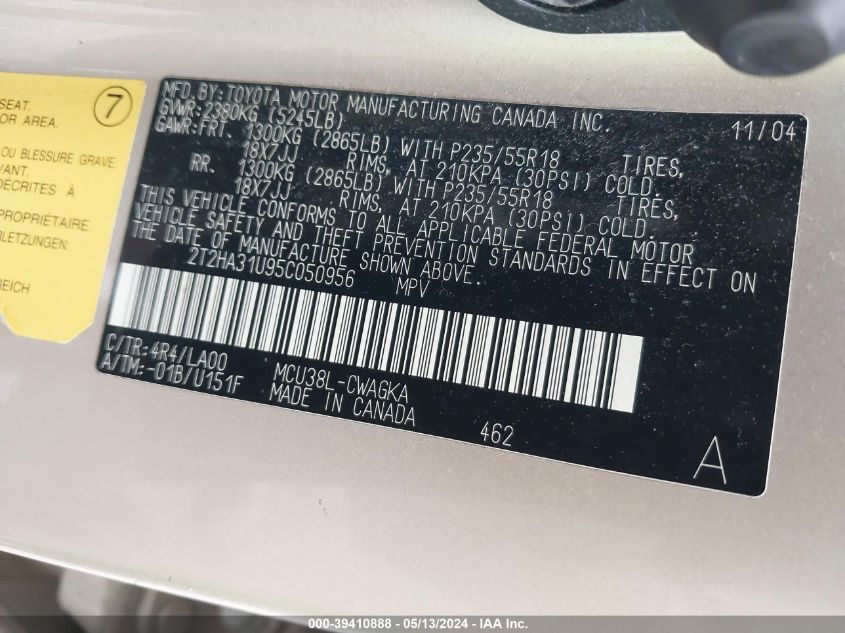 2005 Lexus Rx 330 VIN: 2T2HA31U95C050956 Lot: 39410888