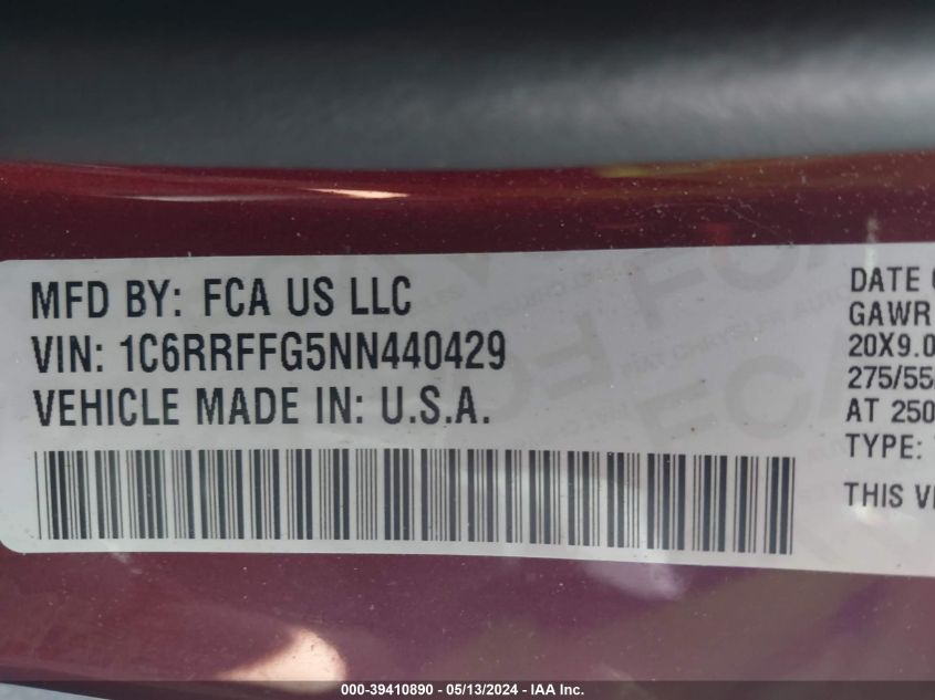 2022 Ram 1500 Big Horn 4X4 5'7 Box VIN: 1C6RRFFG5NN440429 Lot: 39410890