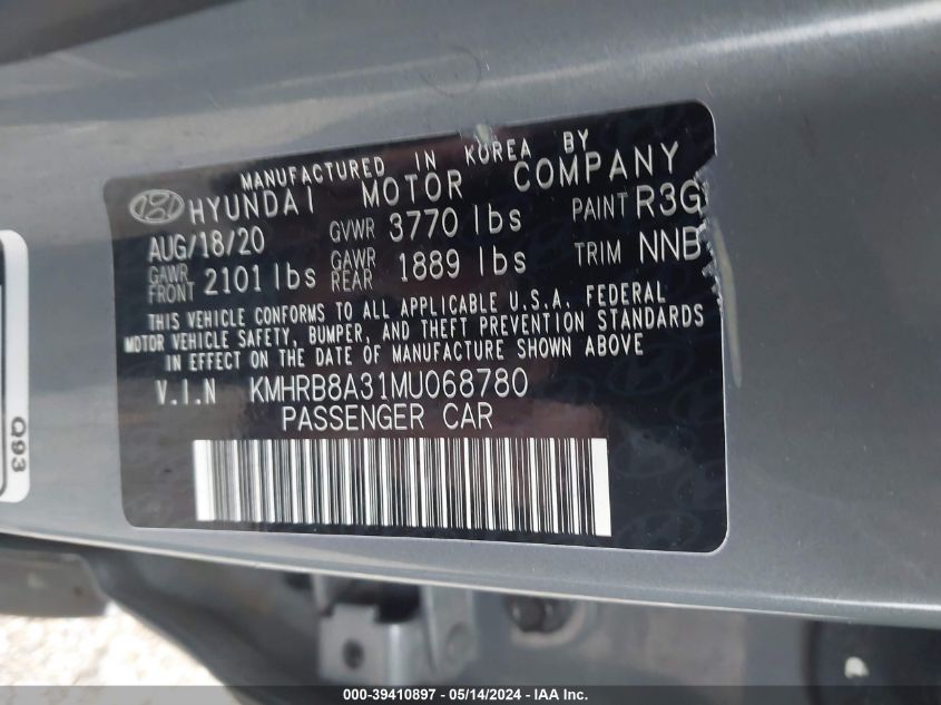 2021 Hyundai Venue Se VIN: KMHRB8A31MU068780 Lot: 39410897