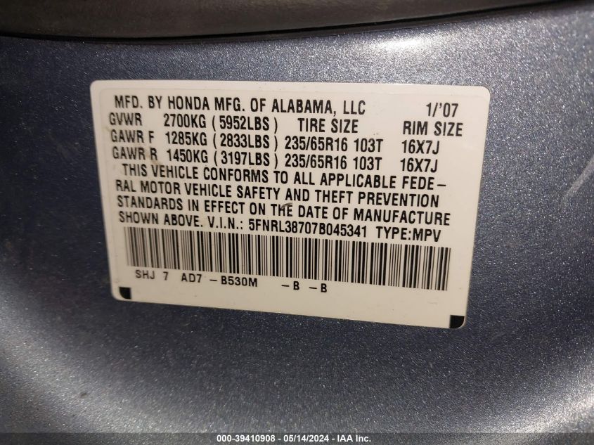 2007 Honda Odyssey Ex-L VIN: 5FNRL38707B045341 Lot: 39410908