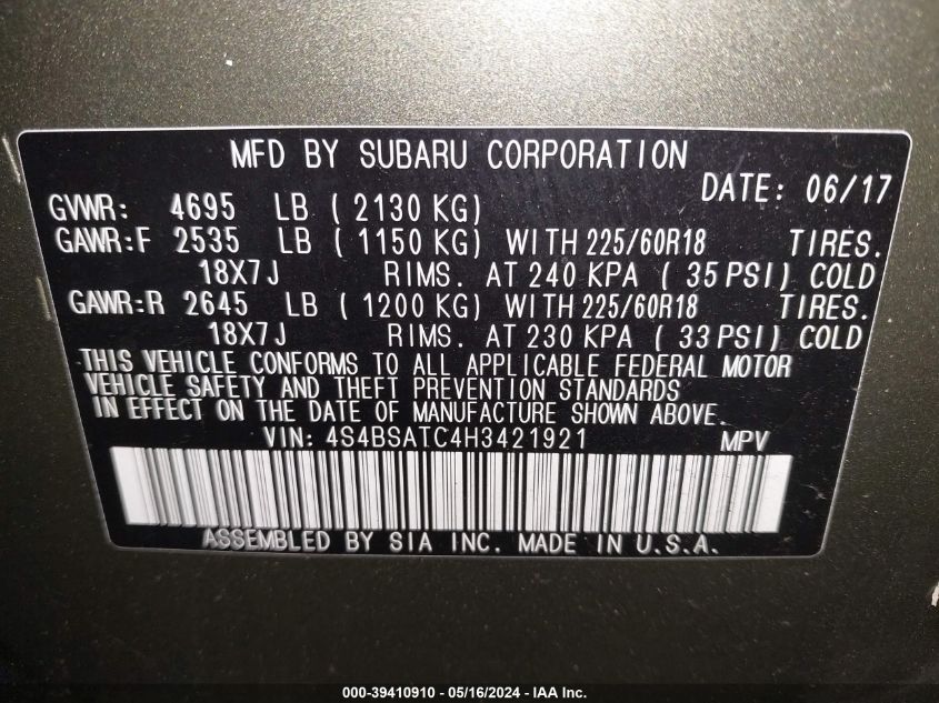 2017 Subaru Outback 2.5I Touring VIN: 4S4BSATC4H3421921 Lot: 39410910