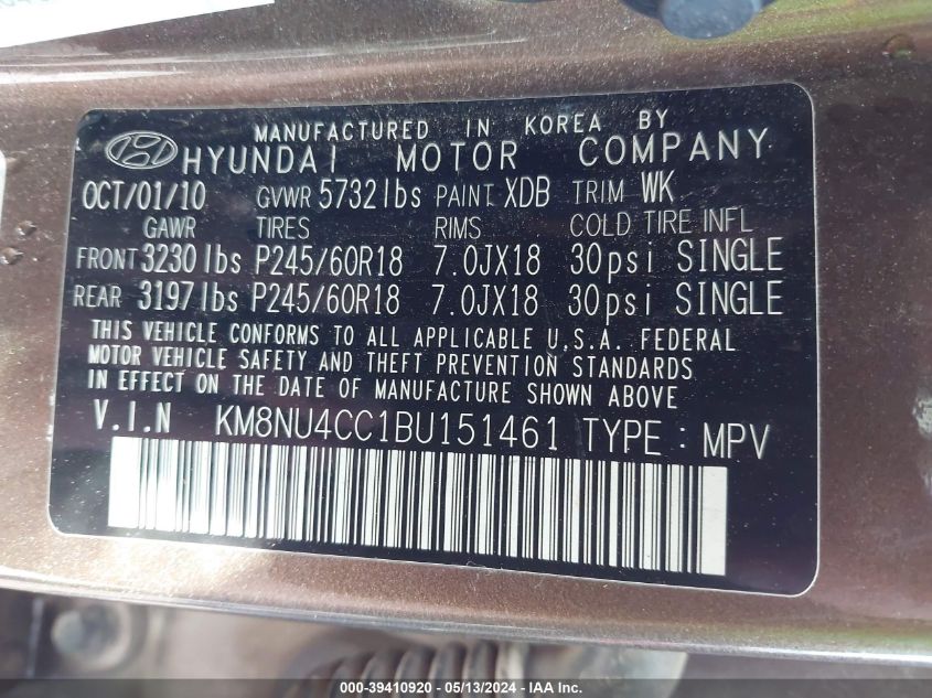 2011 Hyundai Veracruz Limited VIN: KM8NU4CC1BU151461 Lot: 39410920