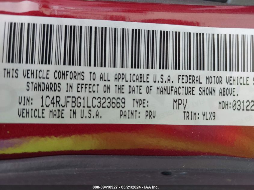 2020 Jeep Grand Cherokee Limited X 4X4 VIN: 1C4RJFBG1LC323669 Lot: 39410927