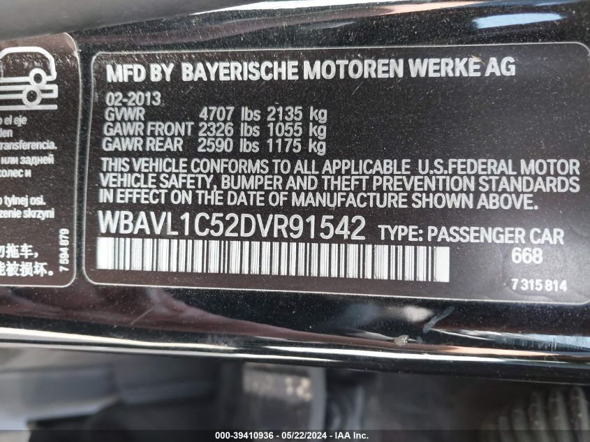 2013 BMW X1 xDrive28I VIN: WBAVL1C52DVR91542 Lot: 39410936