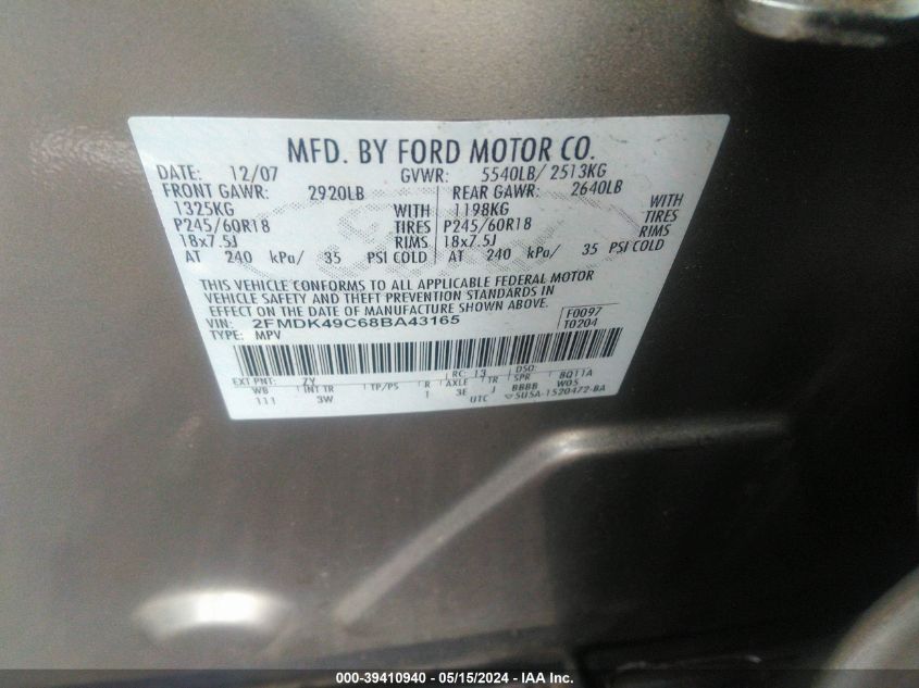 2008 Ford Edge Limited VIN: 2FMDK49C68BA43165 Lot: 39410940