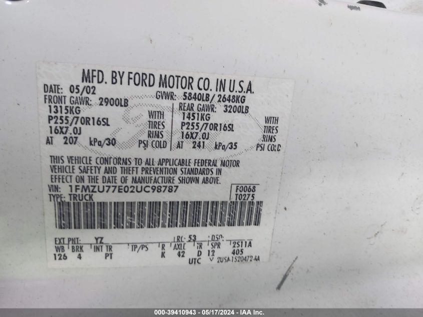 2002 Ford Explorer Sport Trac VIN: 1FMZU77E02UC98787 Lot: 39410943
