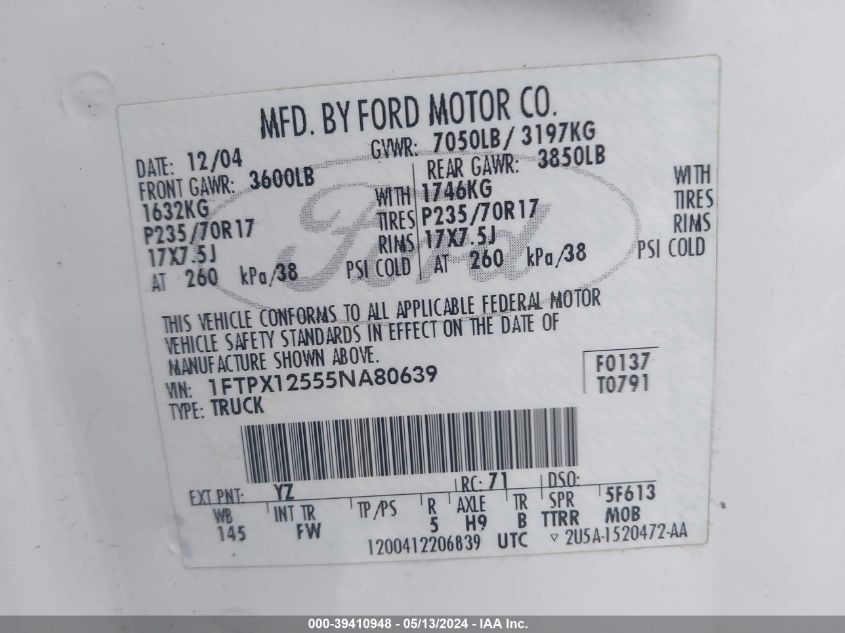 2005 Ford F-150 Lariat/Xl/Xlt VIN: 1FTPX12555NA80639 Lot: 39410948