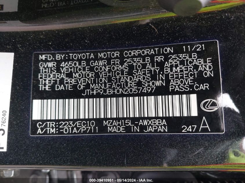 2022 Lexus Ux 250H VIN: JTHP9JBH0N2057497 Lot: 39410951