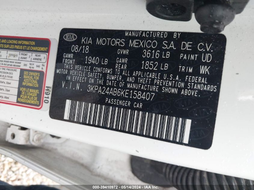 2019 Kia Rio S VIN: 3KPA24AB6KE158407 Lot: 39410972