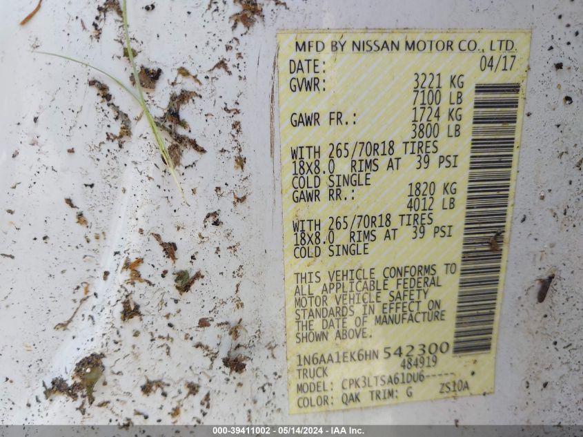 2017 Nissan Titan Sv VIN: 1N6AA1EK6HN542300 Lot: 39411002