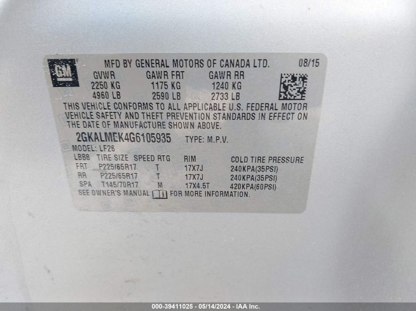 2016 GMC Terrain Sle-1 VIN: 2GKALMEK4G6105935 Lot: 39411025