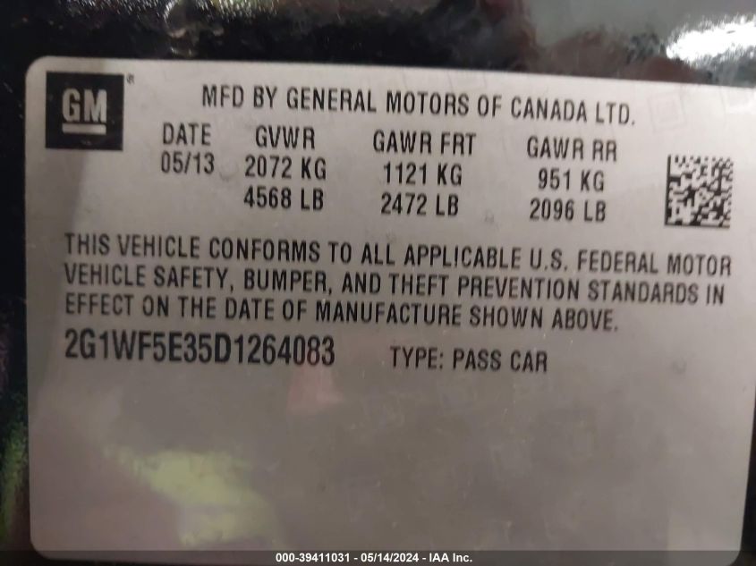 2013 Chevrolet Impala Ls VIN: 2G1WF5E35D1264083 Lot: 39411031