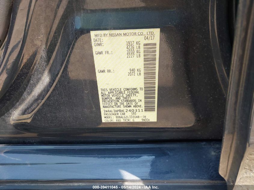2017 Nissan Altima 2.5 S VIN: 1N4AL3AP8HC240311 Lot: 39411045