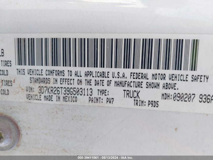2009 Dodge Ram 2500 VIN: 3D7KR26T39G503113 Lot: 39411061