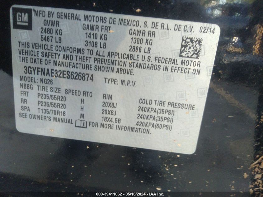 2014 Cadillac Srx Standard VIN: 3GYFNAE32ES626874 Lot: 39411062