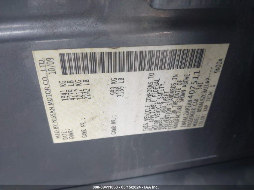 2010 Nissan Altima 2.5 S VIN: 1N4AL2AP2AN407511 Lot: 39411068