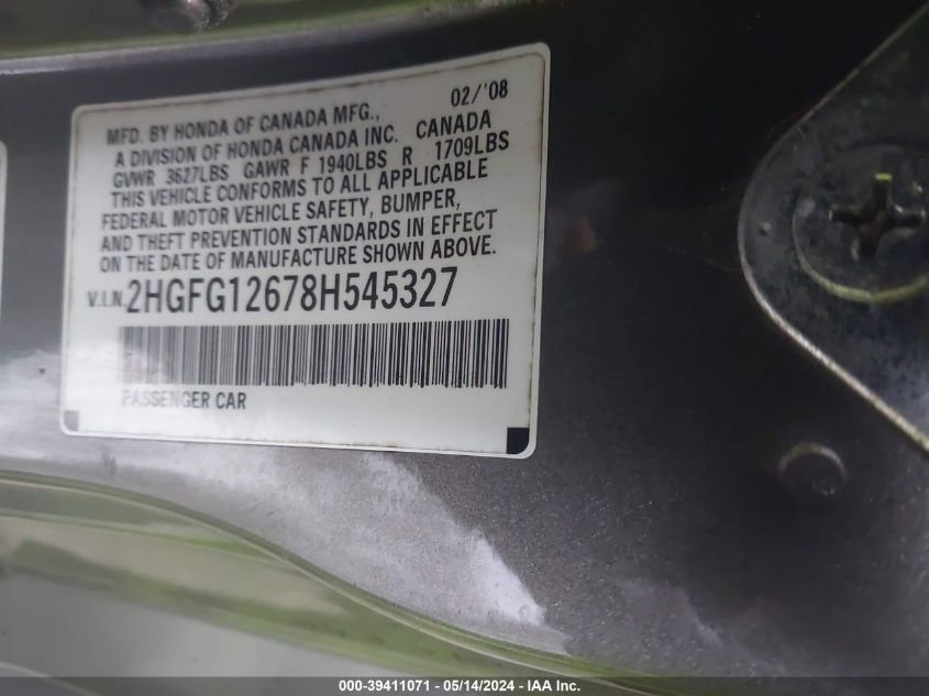 2008 Honda Civic Lx VIN: 2HGFG12678H545327 Lot: 39411071