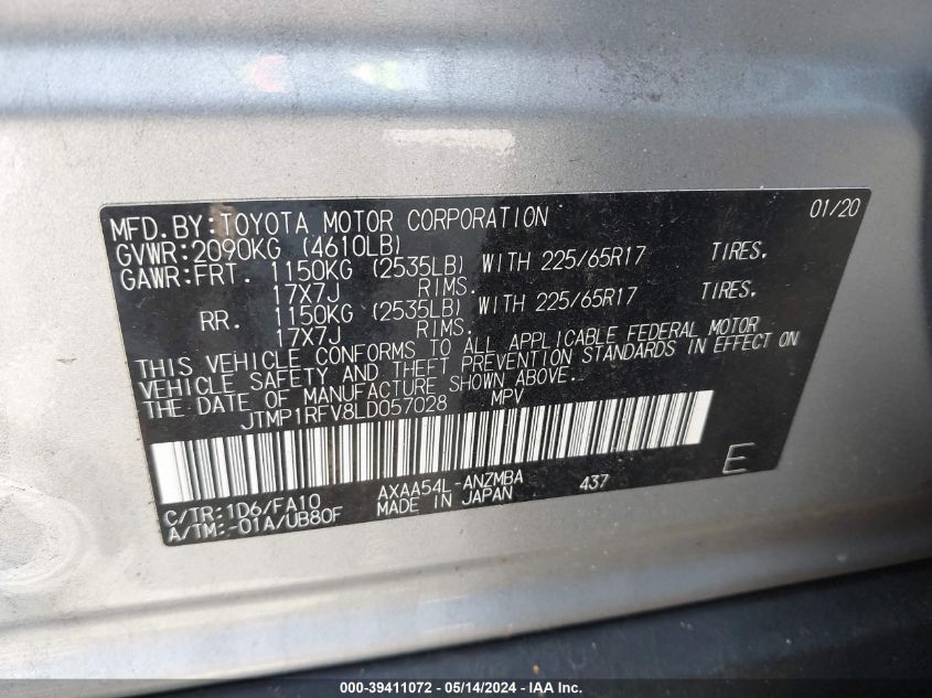 2020 Toyota Rav4 Xle VIN: JTMP1RFV8LD057028 Lot: 39411072