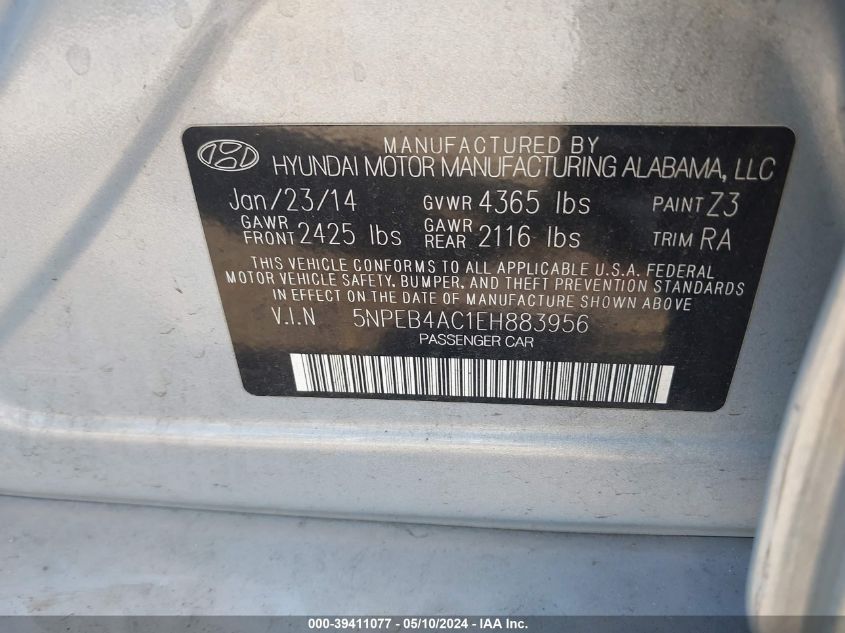 2014 Hyundai Sonata Gls VIN: 5NPEB4AC1EH883956 Lot: 39411077