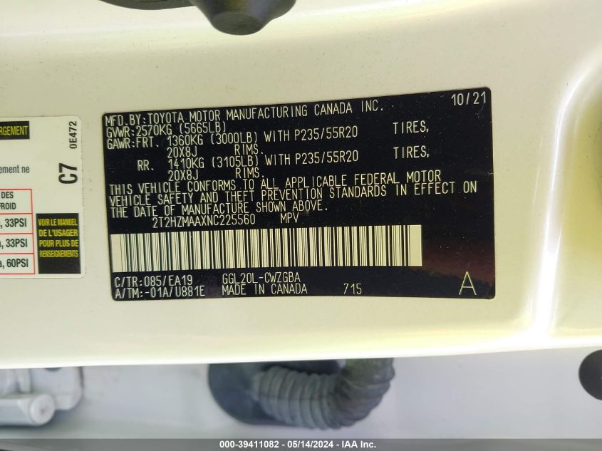 2022 Lexus Rx 350 VIN: 2T2HZMAAXNC225560 Lot: 39411082