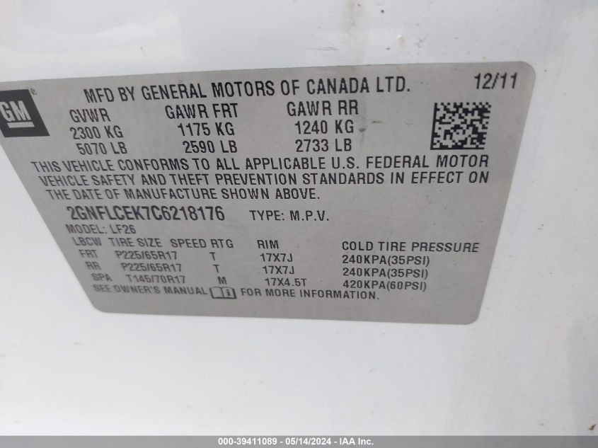 2012 Chevrolet Equinox Ls VIN: 2GNFLCEK7C6218176 Lot: 39411089