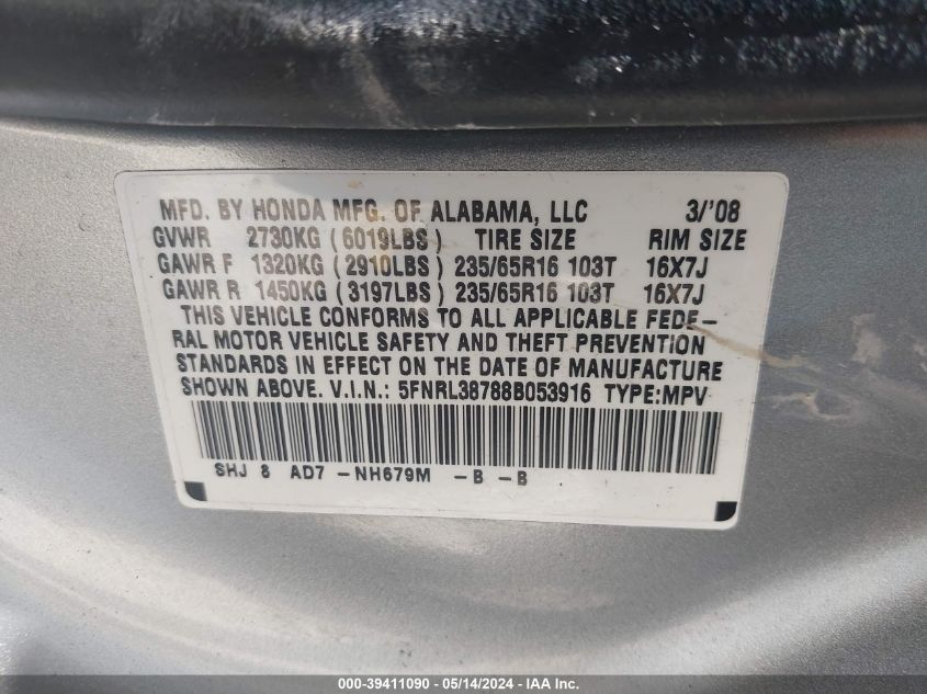 2008 Honda Odyssey Ex-L VIN: 5FNRL38788B053916 Lot: 39411090