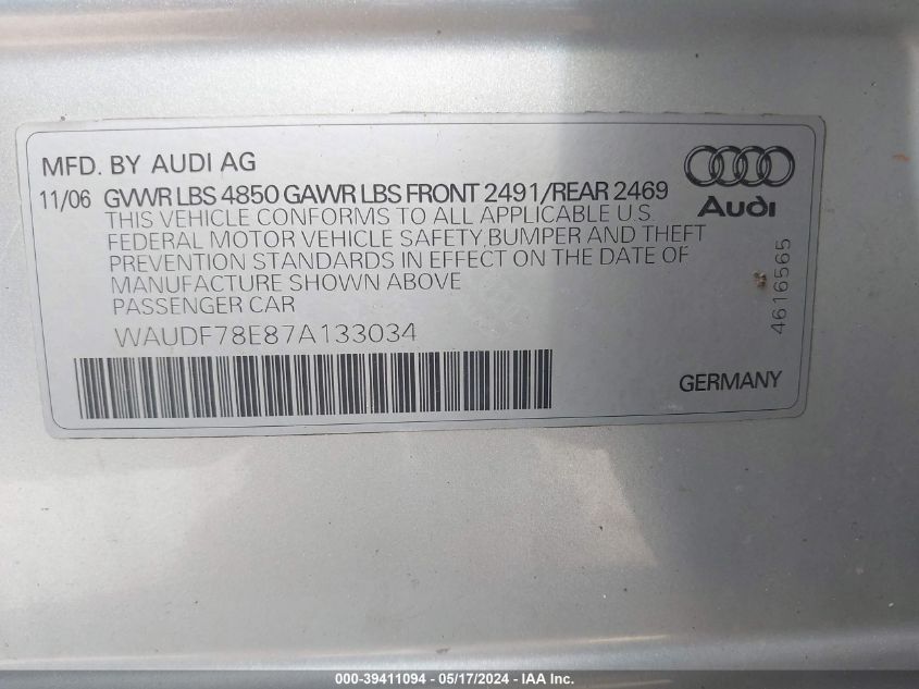2007 Audi A4 2.0T VIN: WAUDF78E87A133034 Lot: 39411094