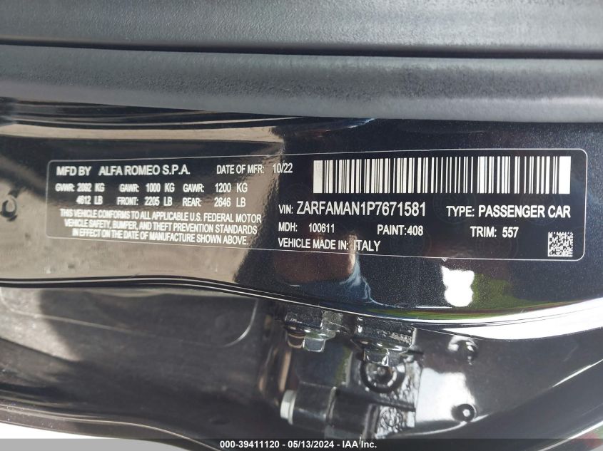 2023 Alfa Romeo Giulia Sprint Rwd VIN: ZARFAMAN1P7671581 Lot: 39411120
