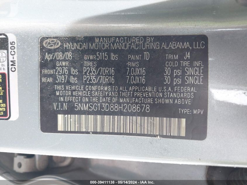2008 Hyundai Santa Fe Gls VIN: 5NMSG13D88H208678 Lot: 39411138