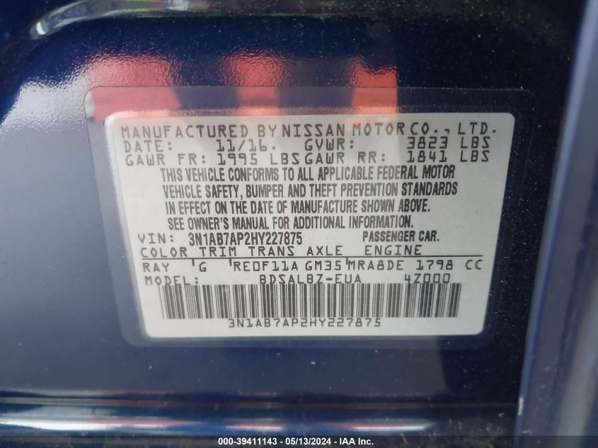 2017 Nissan Sentra S VIN: 3N1AB7AP2HY227875 Lot: 39411143