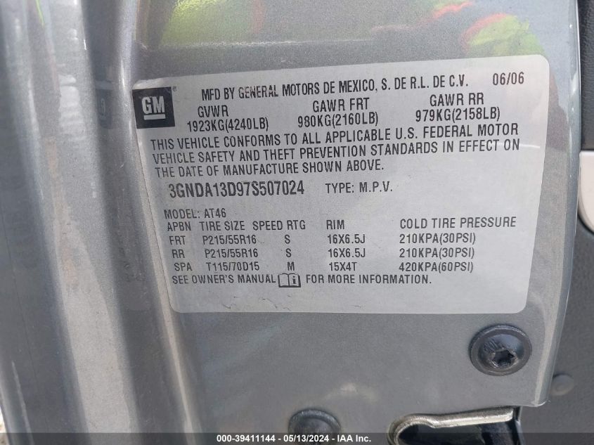 2007 Chevrolet Hhr Ls VIN: 3GNDA13D97S507024 Lot: 39411144