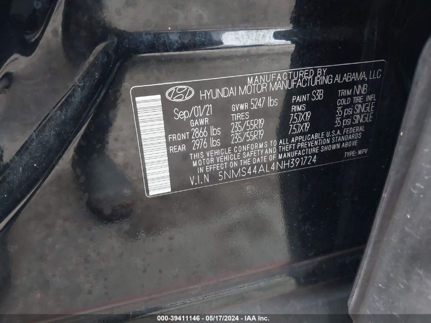 2022 Hyundai Santa Fe Limited VIN: 5NMS44AL4NH391724 Lot: 39411146