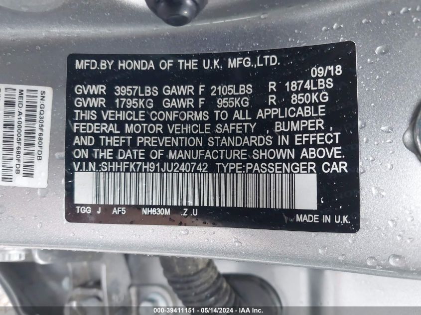 2018 Honda Civic Sport Touring VIN: SHHFK7H91JU240742 Lot: 39411151