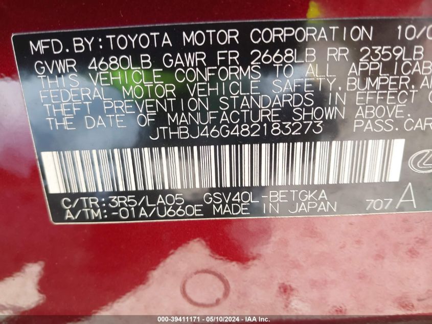 2008 Lexus Es 350 VIN: JTHBJ46G482183273 Lot: 39411171