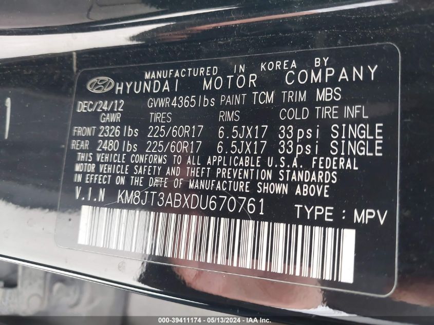 2013 Hyundai Tucson Gl VIN: KM8JT3ABXDU670761 Lot: 39411174