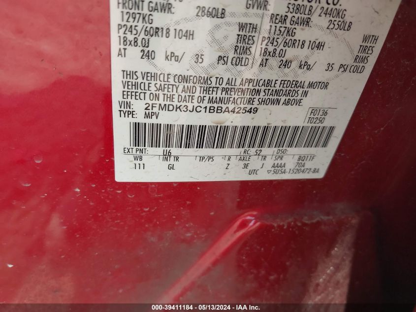 2011 Ford Edge Sel VIN: 2FMDK3JC1BBA42549 Lot: 39411184