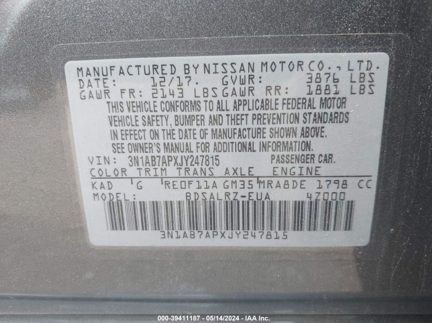 2018 Nissan Sentra Sr VIN: 3N1AB7APXJY247815 Lot: 39411187