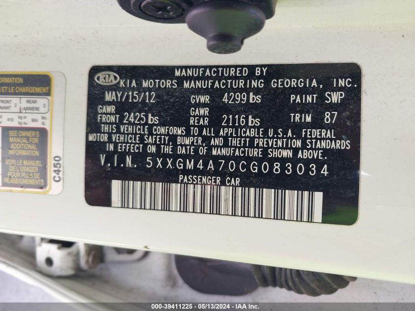 2012 Kia Optima Lx VIN: 5XXGM4A70CG083034 Lot: 39411225