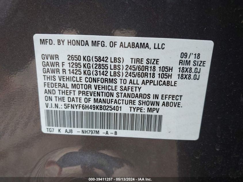 2019 Honda Pilot Ex-L VIN: 5FNYF6H49KB025401 Lot: 39411257