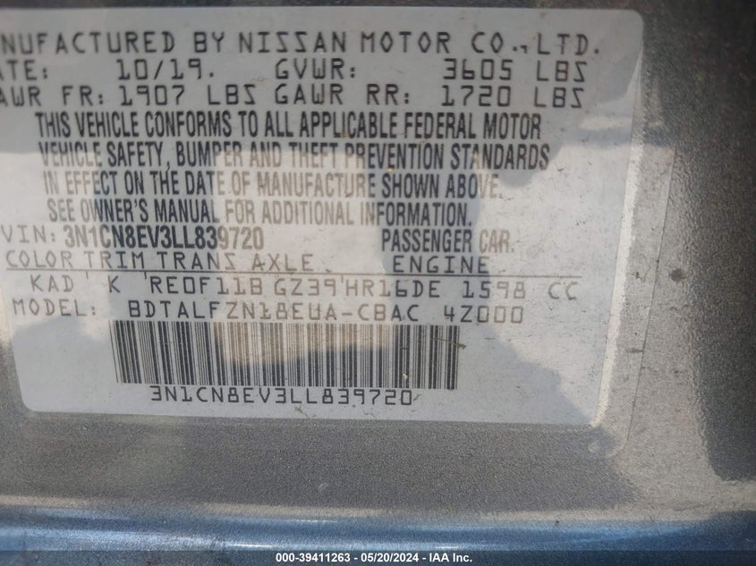 2020 Nissan Versa Sv Xtronic Cvt VIN: 3N1CN8EV3LL839720 Lot: 39411263