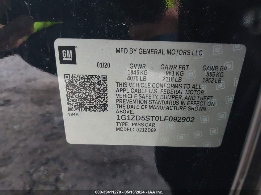 2020 Chevrolet Malibu Fwd Lt VIN: 1G1ZD5ST0LF092902 Lot: 39411270