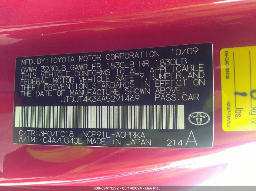 2010 Toyota Yaris VIN: JTDJT4K34A5291469 Lot: 39411292