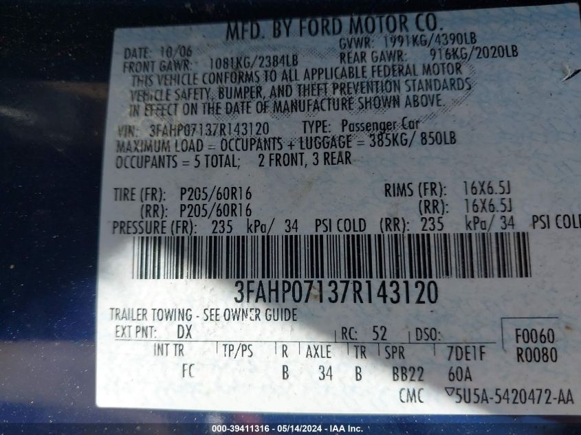 2007 Ford Fusion Se VIN: 3FAHP07137R143120 Lot: 39411316