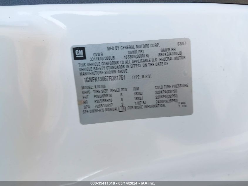 2007 Chevrolet Tahoe Lt VIN: 1GNFK13067R381761 Lot: 39411318