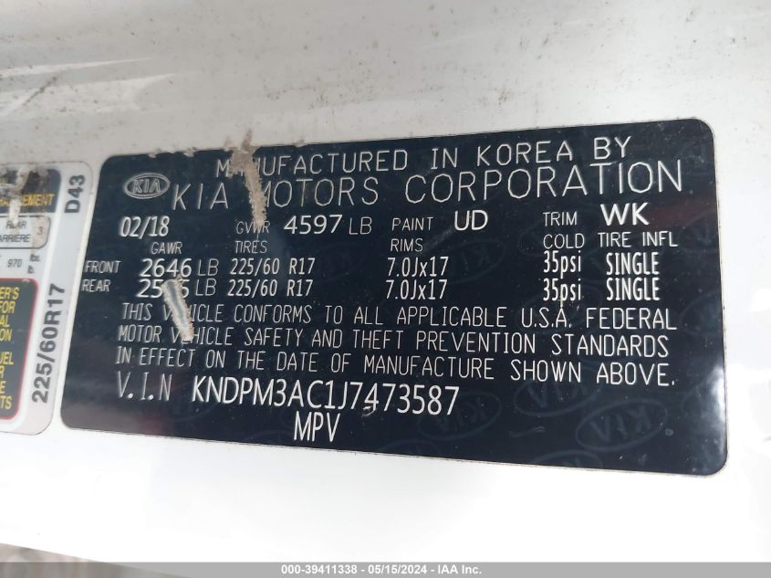 2018 Kia Sportage Lx VIN: KNDPM3AC1J7473587 Lot: 39411338