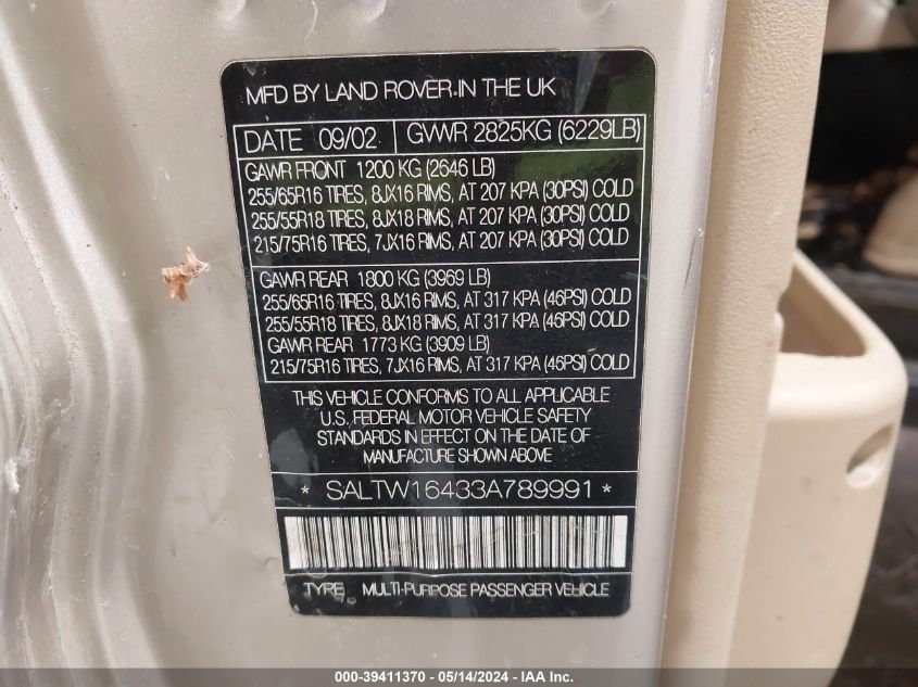 2003 Land Rover Discovery Se VIN: SALTW16433A789991 Lot: 39411370