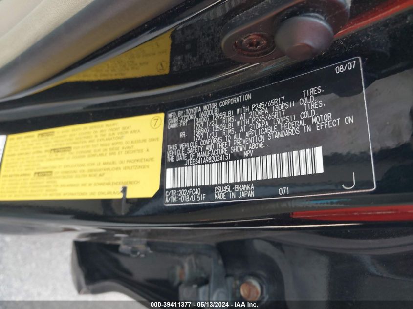 2008 Toyota Highlander VIN: JTEES41A982024131 Lot: 39411377