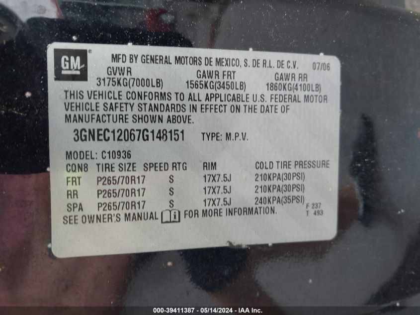 2007 Chevrolet Avalanche 1500 Lt VIN: 3GNEC12067G148151 Lot: 39411387